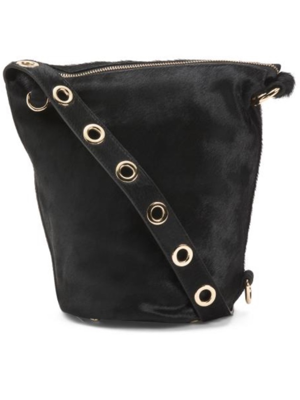 Claudia Black Haircalf Bucket Bag with Gold Hardware